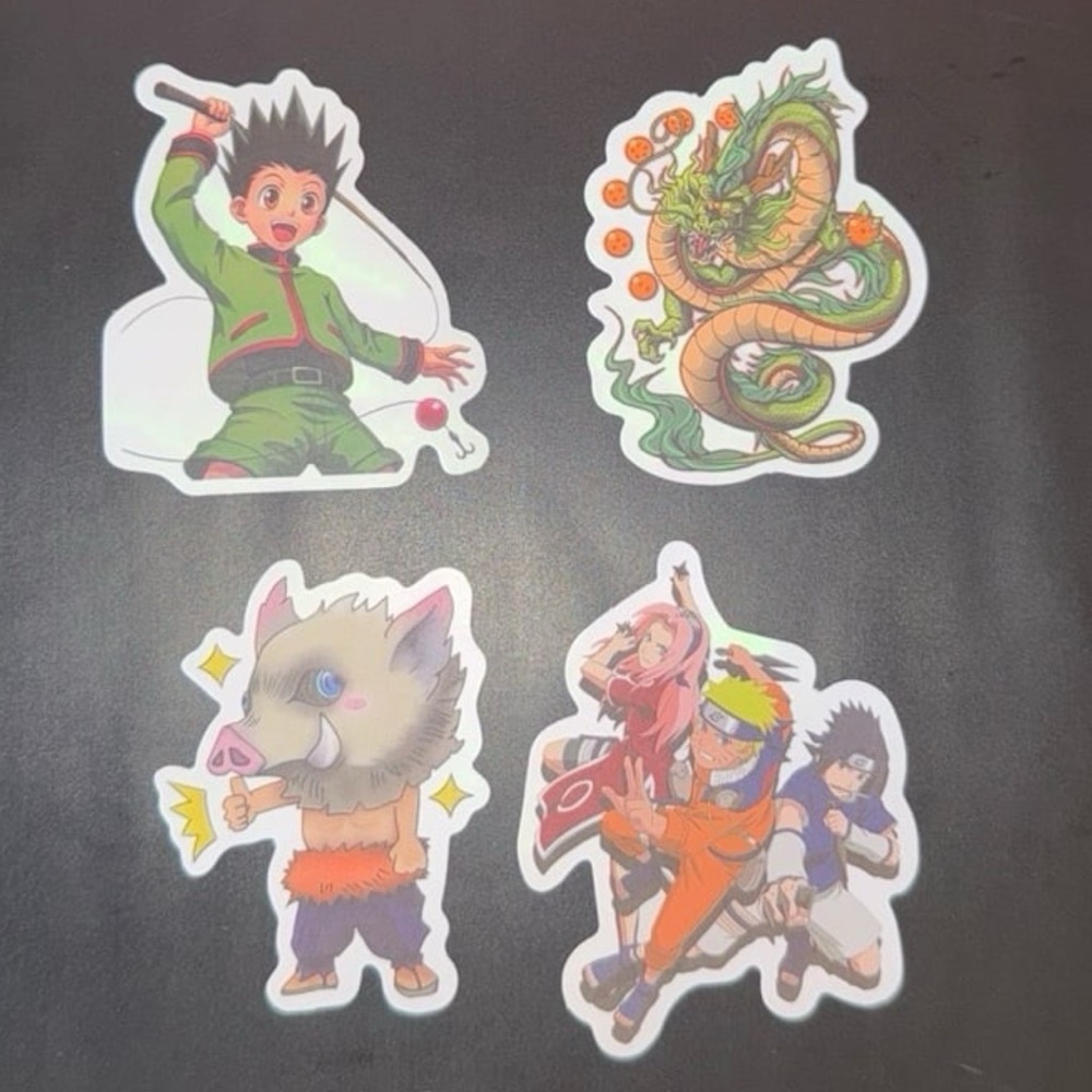 (4) Decal Stickers 1. HXH 2. Dragon ball Z 3. Demon slayer 4. Naruto anime Tv